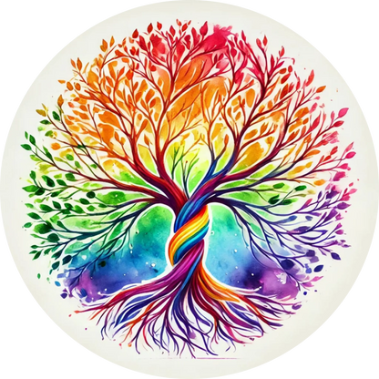 Regenbogenbaum mit farbenfrohen Ästen auf weißem Hintergrund.