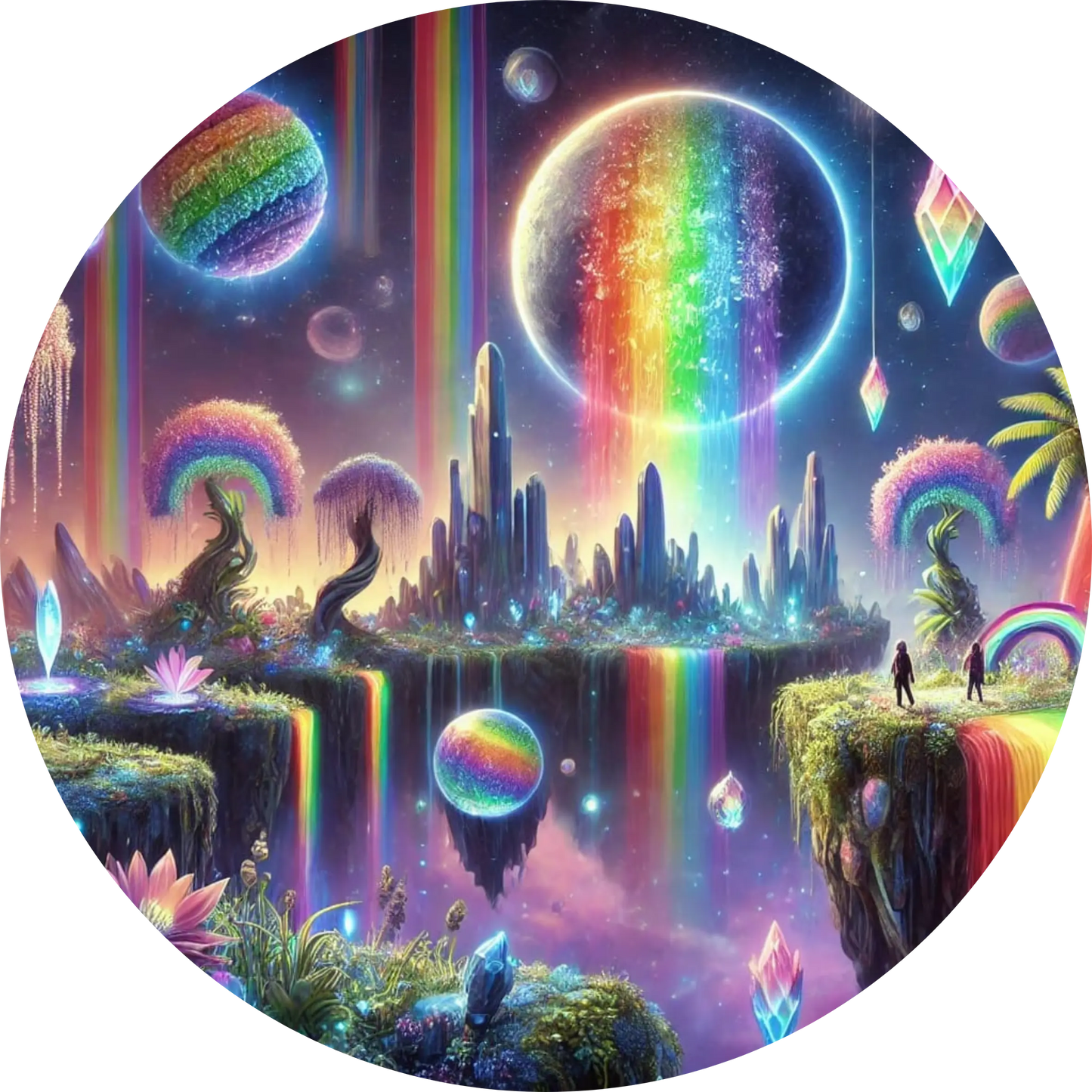 Fantasystadt unter Regenbogenhimmel mit leuchtenden Planeten und schwebenden Luftballons.