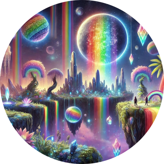 Fantasystadt unter Regenbogenhimmel mit leuchtenden Planeten und schwebenden Luftballons.