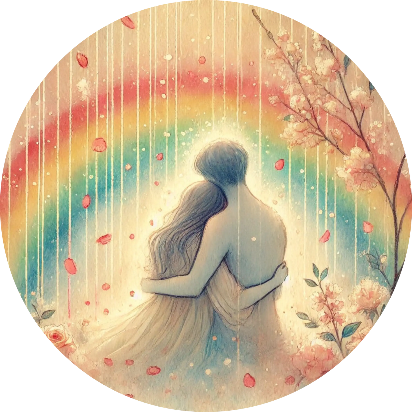 Aquarell-Szene mit zwei Personen unter einem Regenbogenregen im zarten Stil.