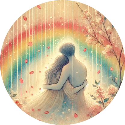 Aquarell-Szene mit zwei Personen unter einem Regenbogenregen im zarten Stil.