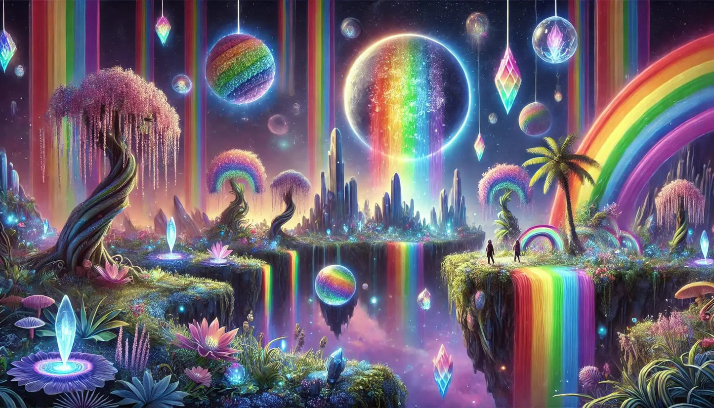 Person sitzt verträumt vor Regenbogenlichtern und symbolischen Flaggen, queere Selbstreflexion in farbenfroher Fantasiewelt.