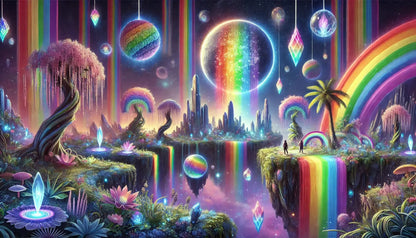 Person sitzt verträumt vor Regenbogenlichtern und symbolischen Flaggen, queere Selbstreflexion in farbenfroher Fantasiewelt.