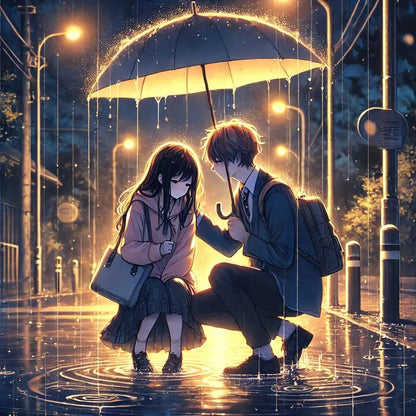 Zärtliche Regenszene: Ein Manga-Junge schützt ein Mädchen mit einem Schirm.