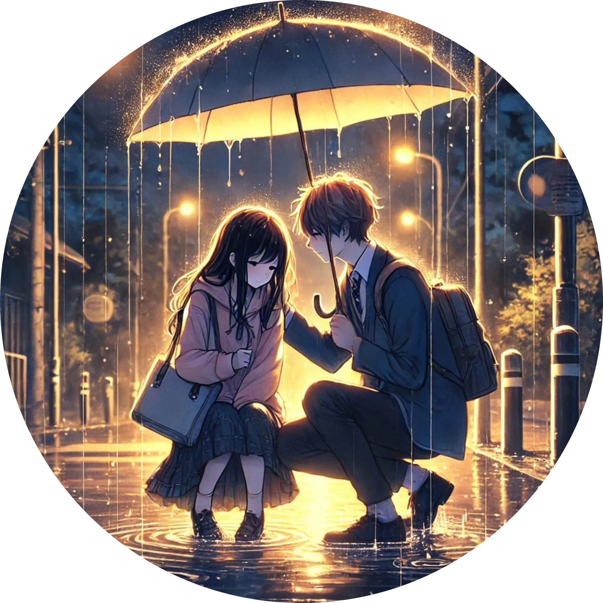 Verliebtes Anime-Paar teilt Regenschirm im goldenen Stadtlicht
