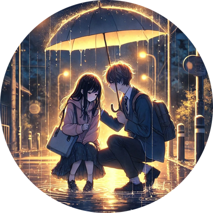 Verliebtes Anime-Paar teilt Regenschirm im goldenen Stadtlicht
