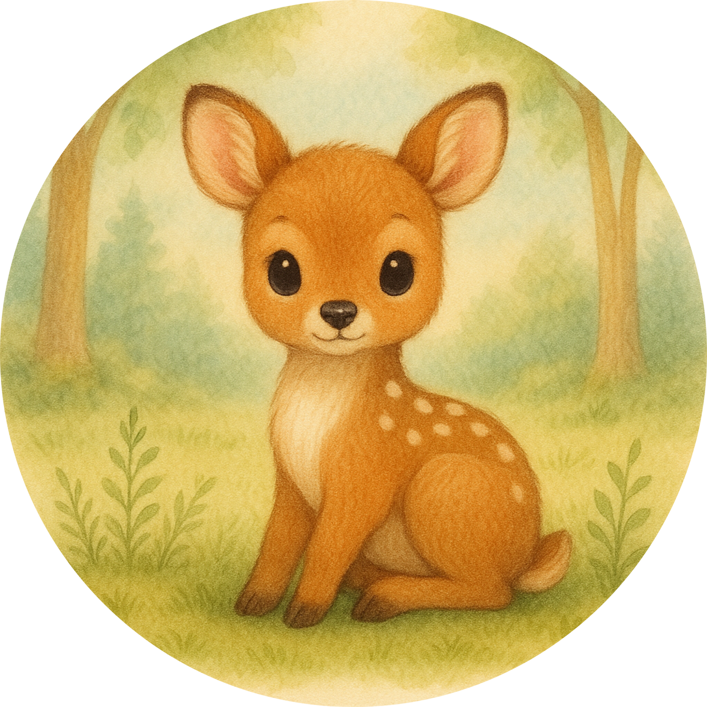 Rehkitz sitzt mit geneigtem Kopf auf der Wiese