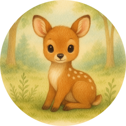 Rehkitz sitzt mit geneigtem Kopf auf der Wiese