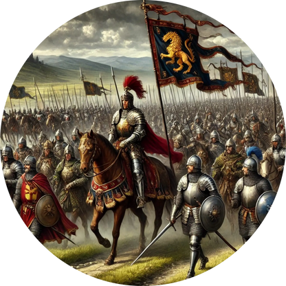 Reitende Ritter mit Flaggen, bereit zum Kampf – epische Szene mit historischer Atmosphäre.