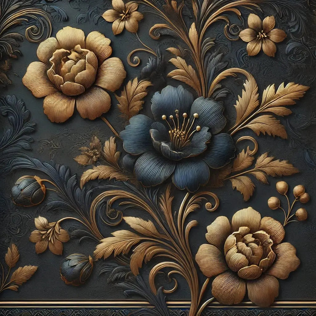Reliefartige florale Darstellung in Gold und Blau auf Dunkelgrün – Üppiges Blumenmuster mit gold-blauen Blüten und detailreicher Textur.