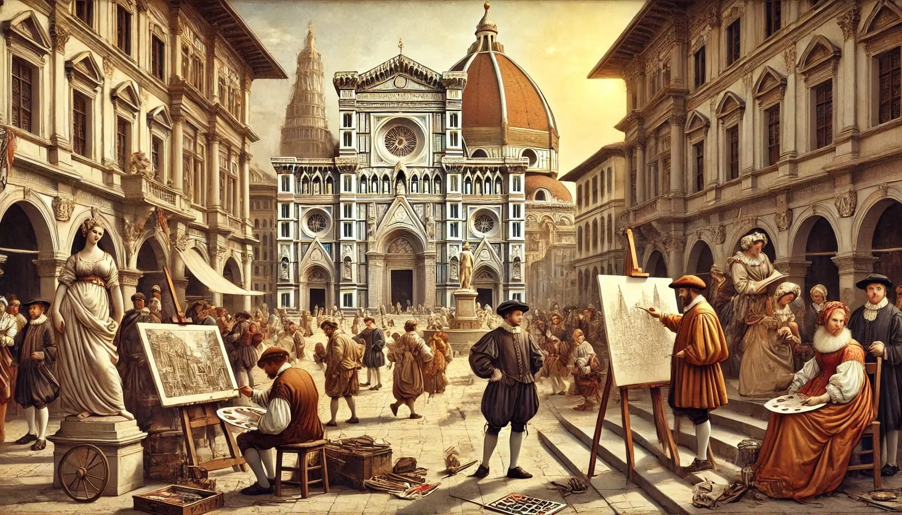 „Künstler, Denker und Gelehrte in einer belebten Stadtszene der Renaissance – mit eindrucksvoller Kathedrale im Hintergrund.“