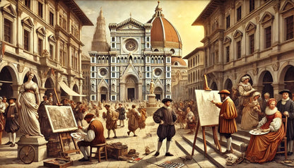 „Künstler, Denker und Gelehrte in einer belebten Stadtszene der Renaissance – mit eindrucksvoller Kathedrale im Hintergrund.“