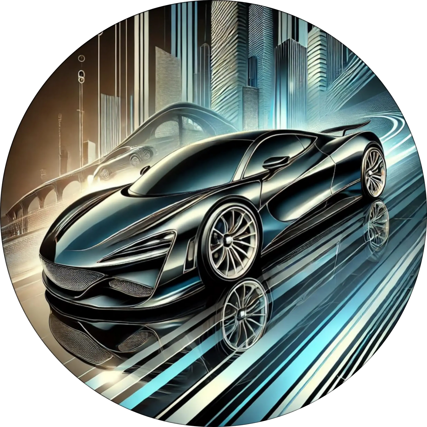 Rennwagen in Bewegung auf futuristischer Straße – symbolisiert Geschwindigkeit und Motorsport.