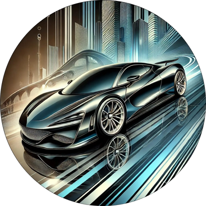 Rennwagen in Bewegung auf futuristischer Straße – symbolisiert Geschwindigkeit und Motorsport.