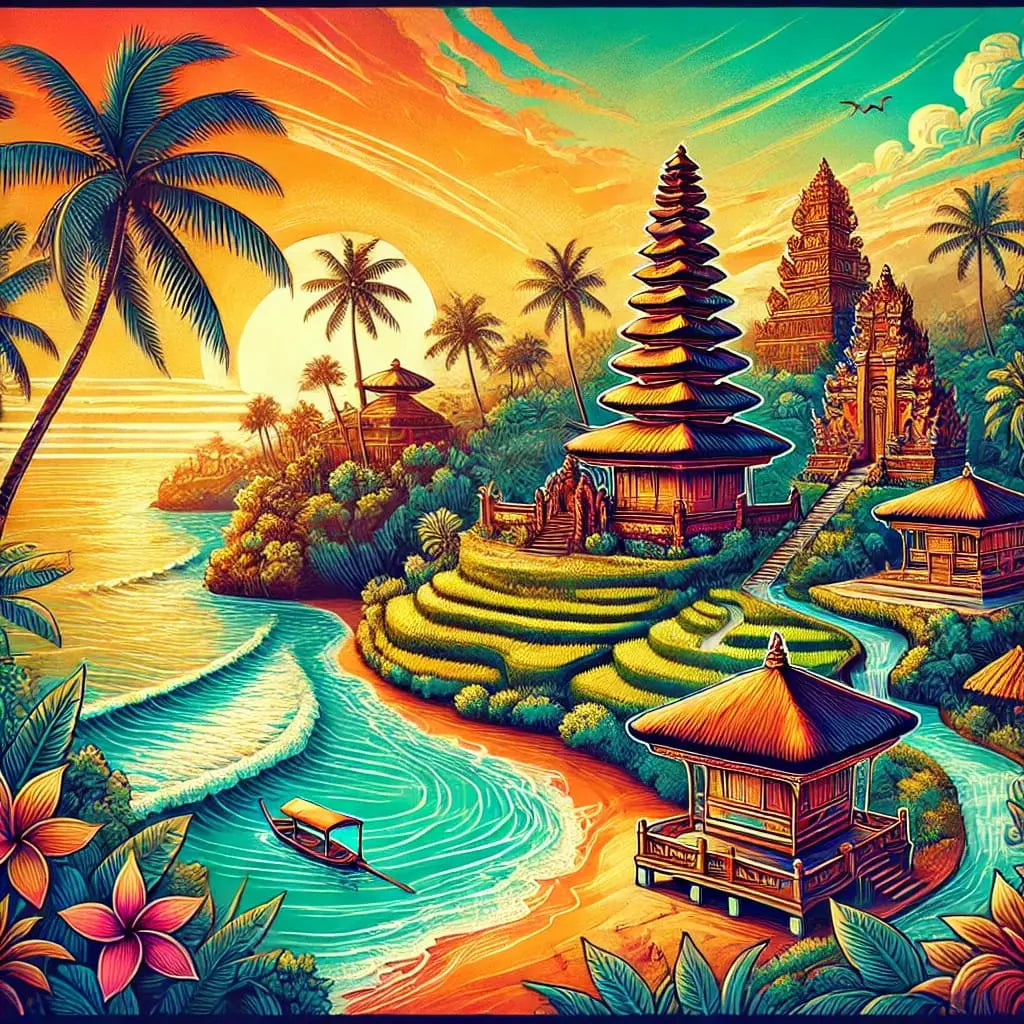 Tropische Insel mit Palmen, Küste und Resort – Paradiesisches Landschaftsmotiv mit Hütten und türkisblauem Meer.

