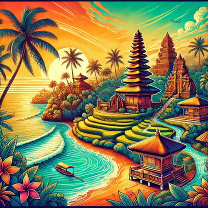 Tropische Insel mit Palmen, Küste und Resort – Paradiesisches Landschaftsmotiv mit Hütten und türkisblauem Meer.

