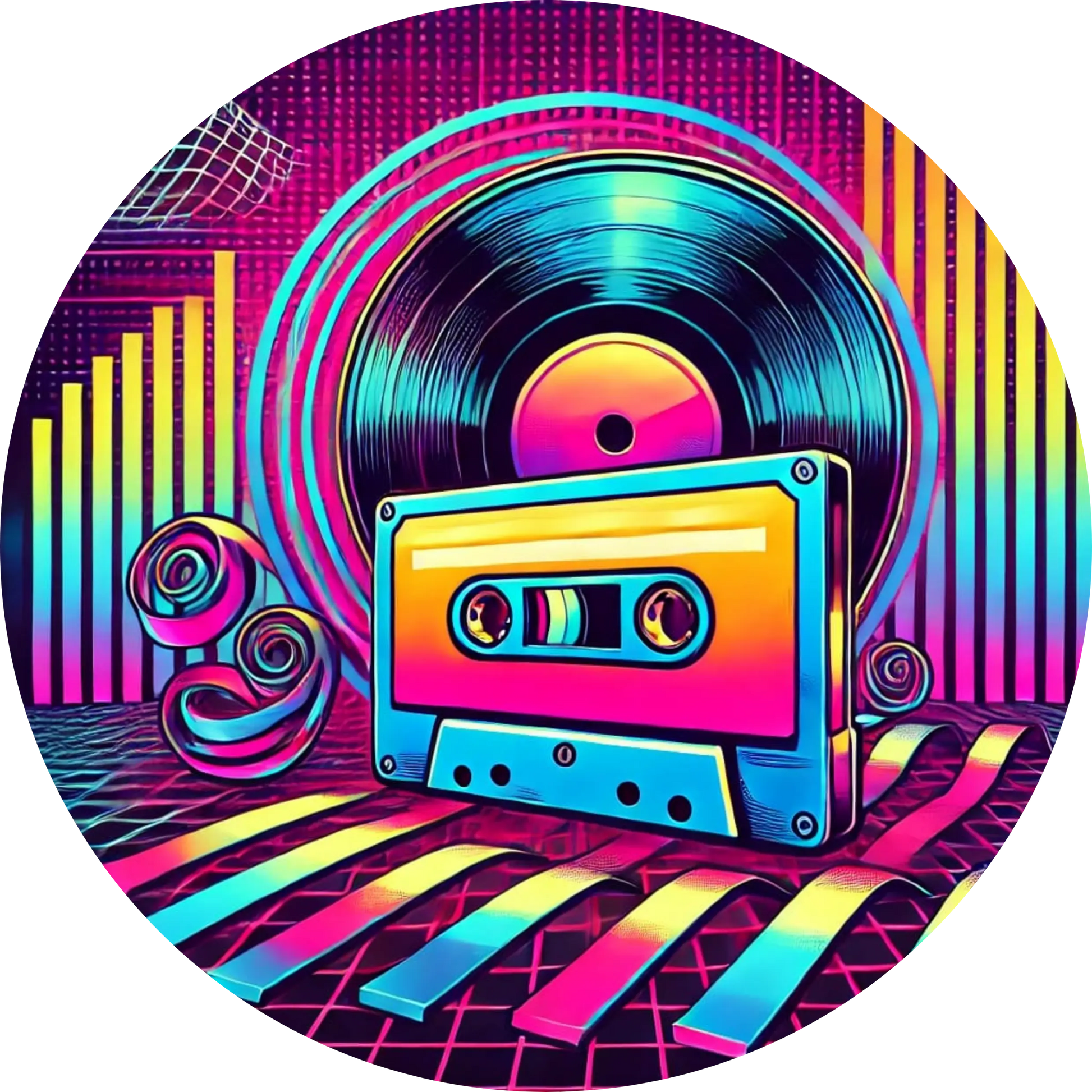 Buntes Retro-Tape in Neonfarben mit Musik-Symbolen drumherum
