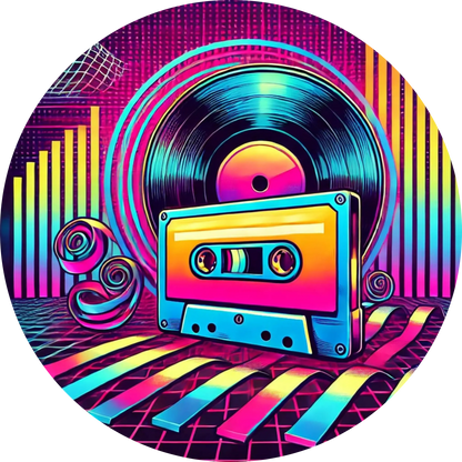 Buntes Retro-Tape in Neonfarben mit Musik-Symbolen drumherum
