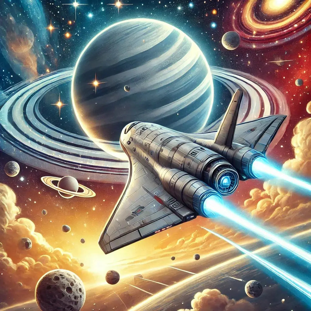 Retro-Raumschiff fliegt durch den Weltraum, Saturn im Hintergrund.