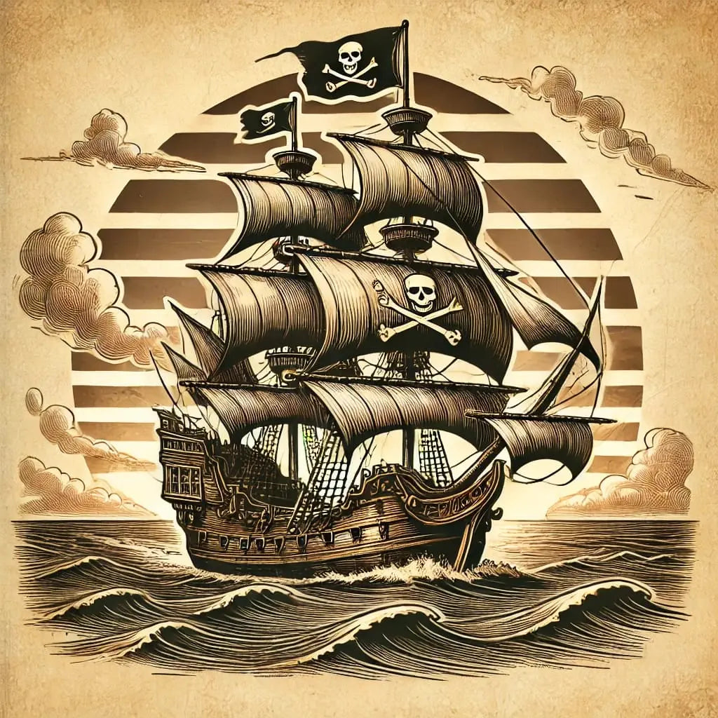 Schwarz-weiß gezeichnetes Piratenschiff auf dem Meer