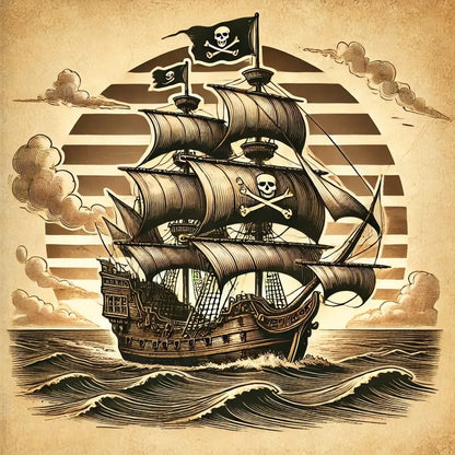 Schwarz-weiß gezeichnetes Piratenschiff auf dem Meer