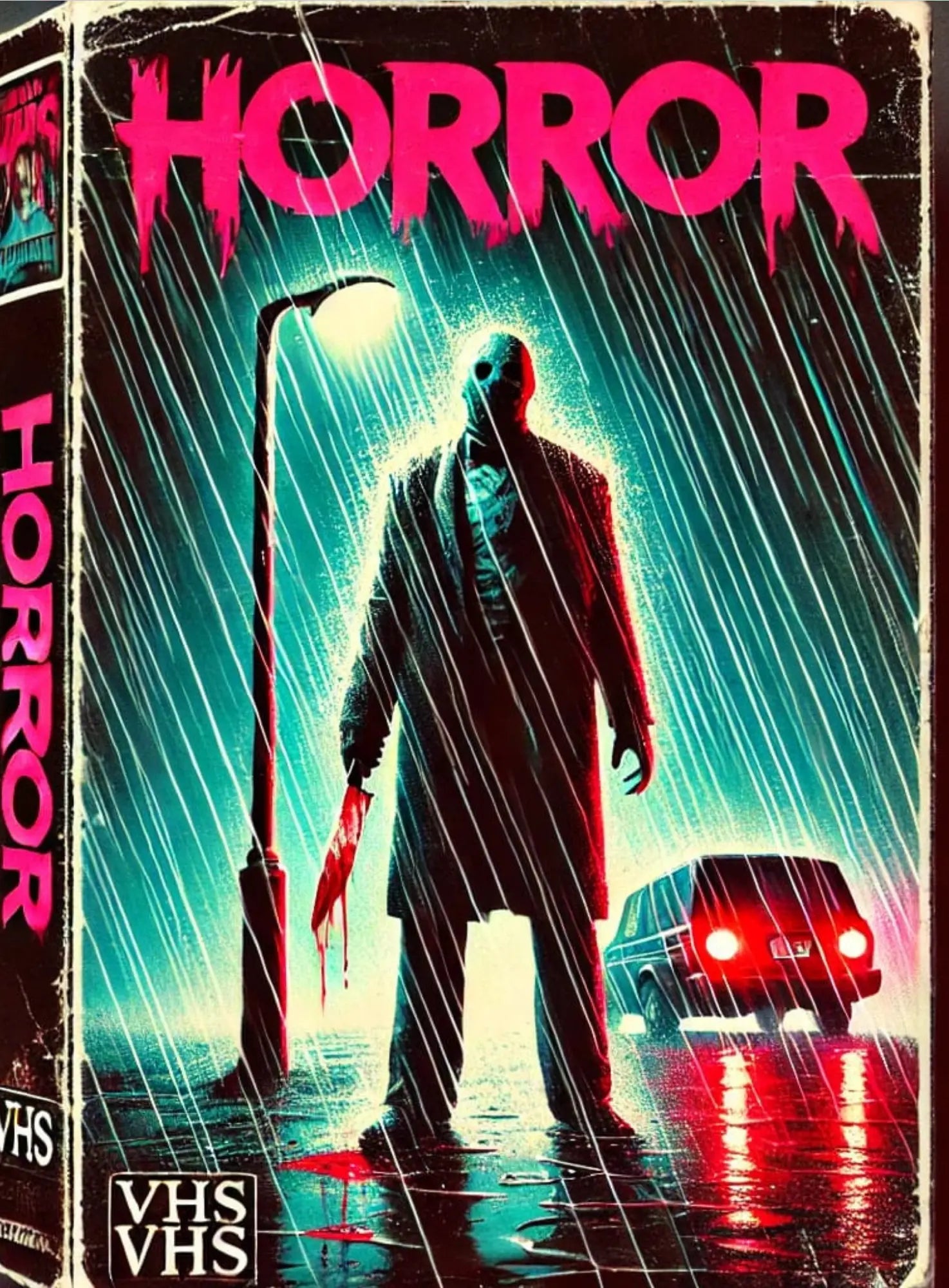 Retro-Horrormotiv mit bedrohlicher Slasher-Figur unter grellem "Horror"-Schriftzug – steht mit blutiger Axt unter einer Straßenlaterne.