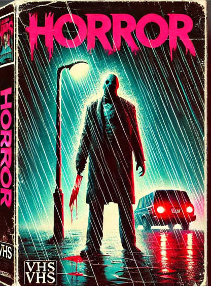 Retro-Horrormotiv mit bedrohlicher Slasher-Figur unter grellem "Horror"-Schriftzug – steht mit blutiger Axt unter einer Straßenlaterne.
