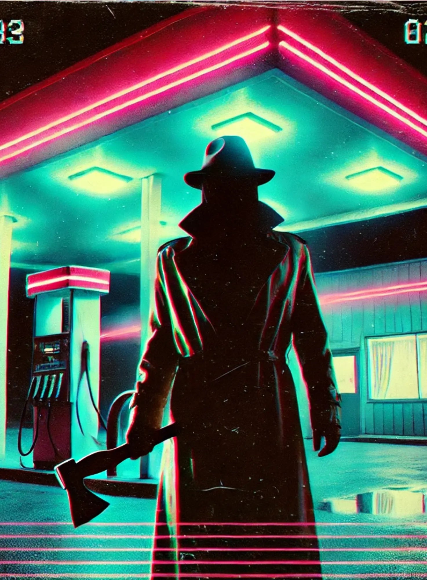 Retro-Slasher-Illustration im VHS-Stil: Maskierter Killer mit Machete vor einem düsteren Motel – leuchtende Farben und 80er-Ästhetik erzeugen eine nostalgisch-bedrohliche Atmosphäre.