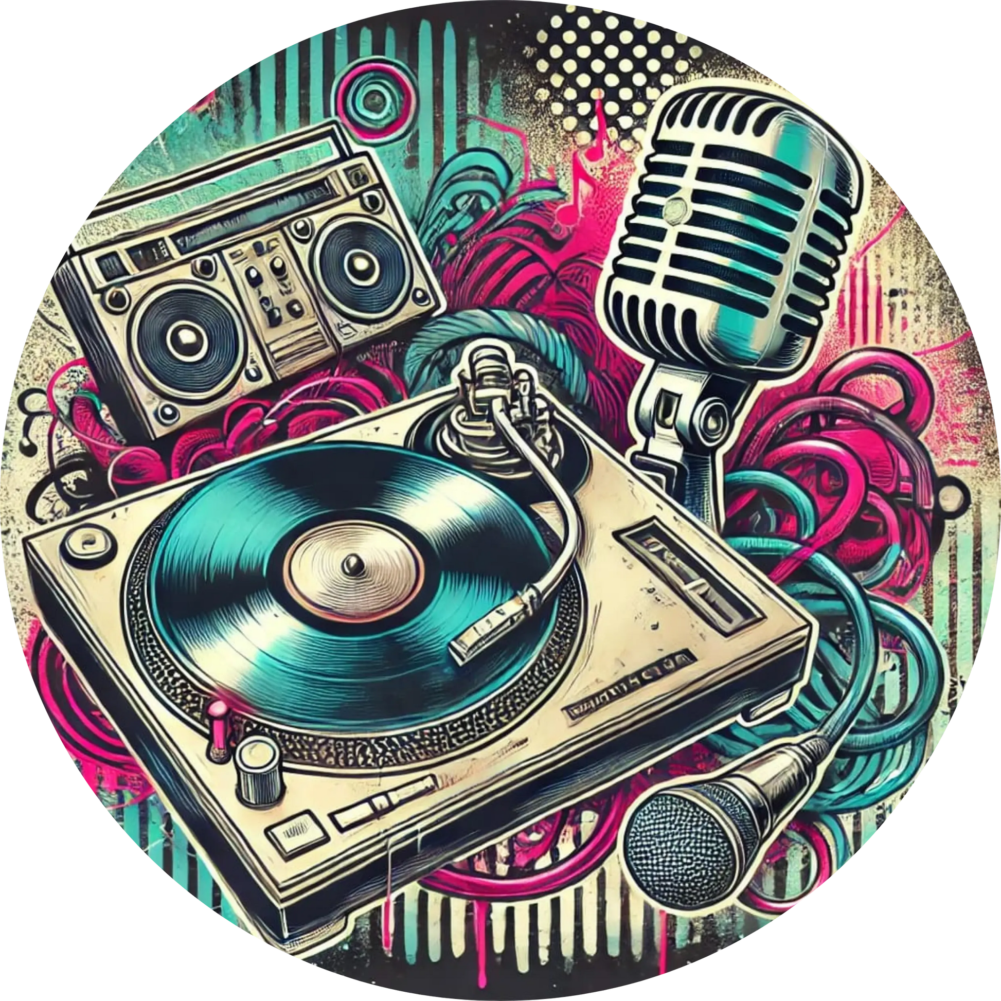 Turntable-Set mit Mikrofon, Lautsprechern und Schallplatten im Neonstil

