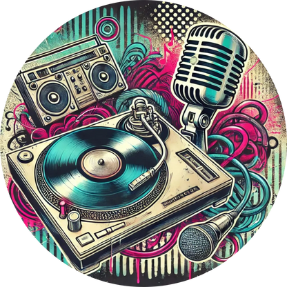 Turntable-Set mit Mikrofon, Lautsprechern und Schallplatten im Neonstil

