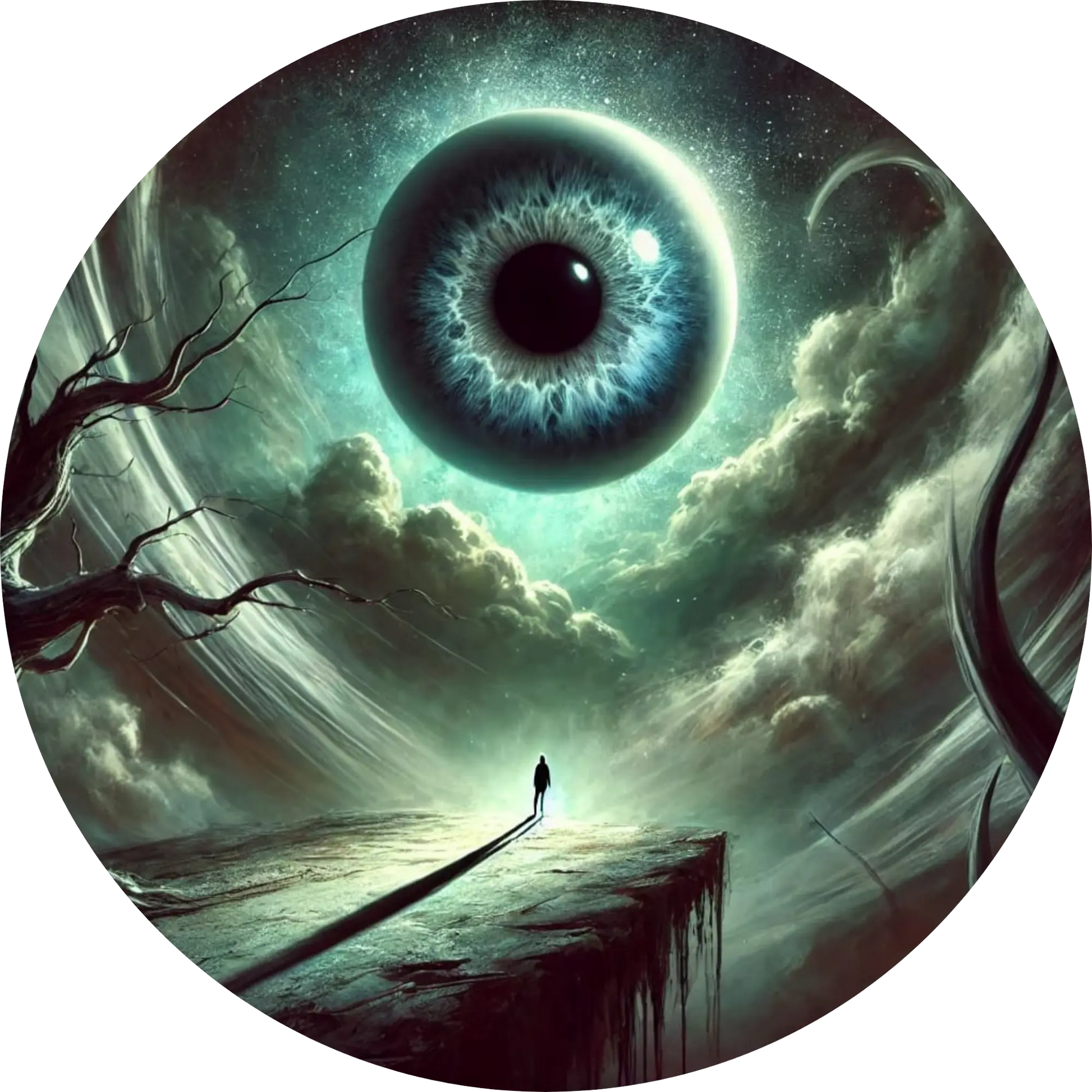 Mensch vor riesigem, leuchtendem Auge in stürmischem Himmel
