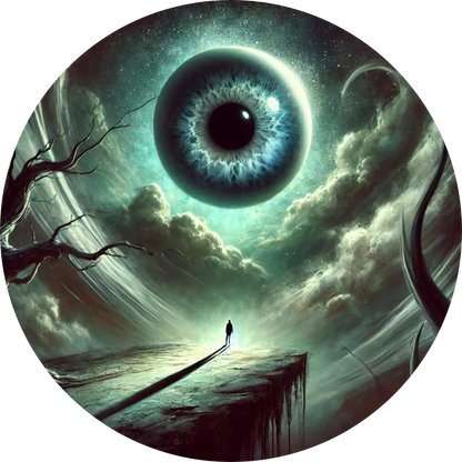 Mensch vor riesigem, leuchtendem Auge in stürmischem Himmel
