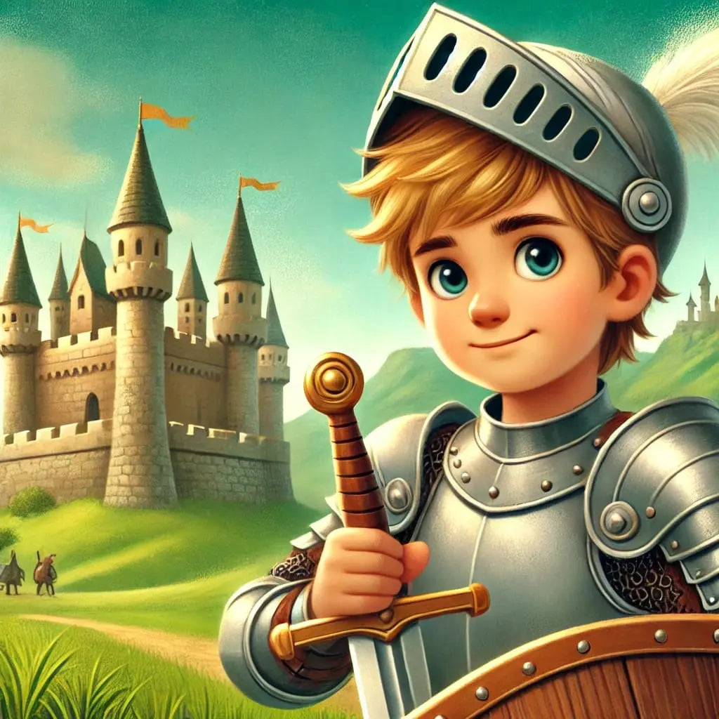 Fröhlicher Ritterjunge mit Helm und Schwert vor Burg

