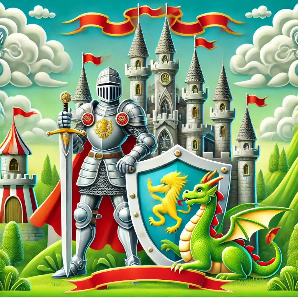 Cartoon-Ritter mit Schild vor kindlich gezeichneter Festung
