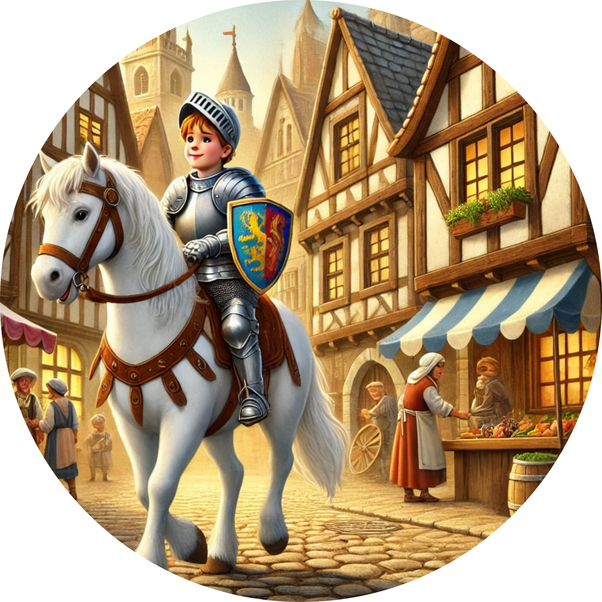 Ritter auf Pferd reitet durch ein Fachwerkstädtchen mit Fahnen