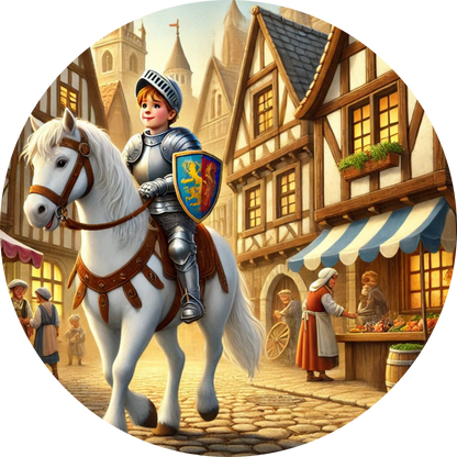 Ritter auf Pferd reitet durch ein Fachwerkstädtchen mit Fahnen