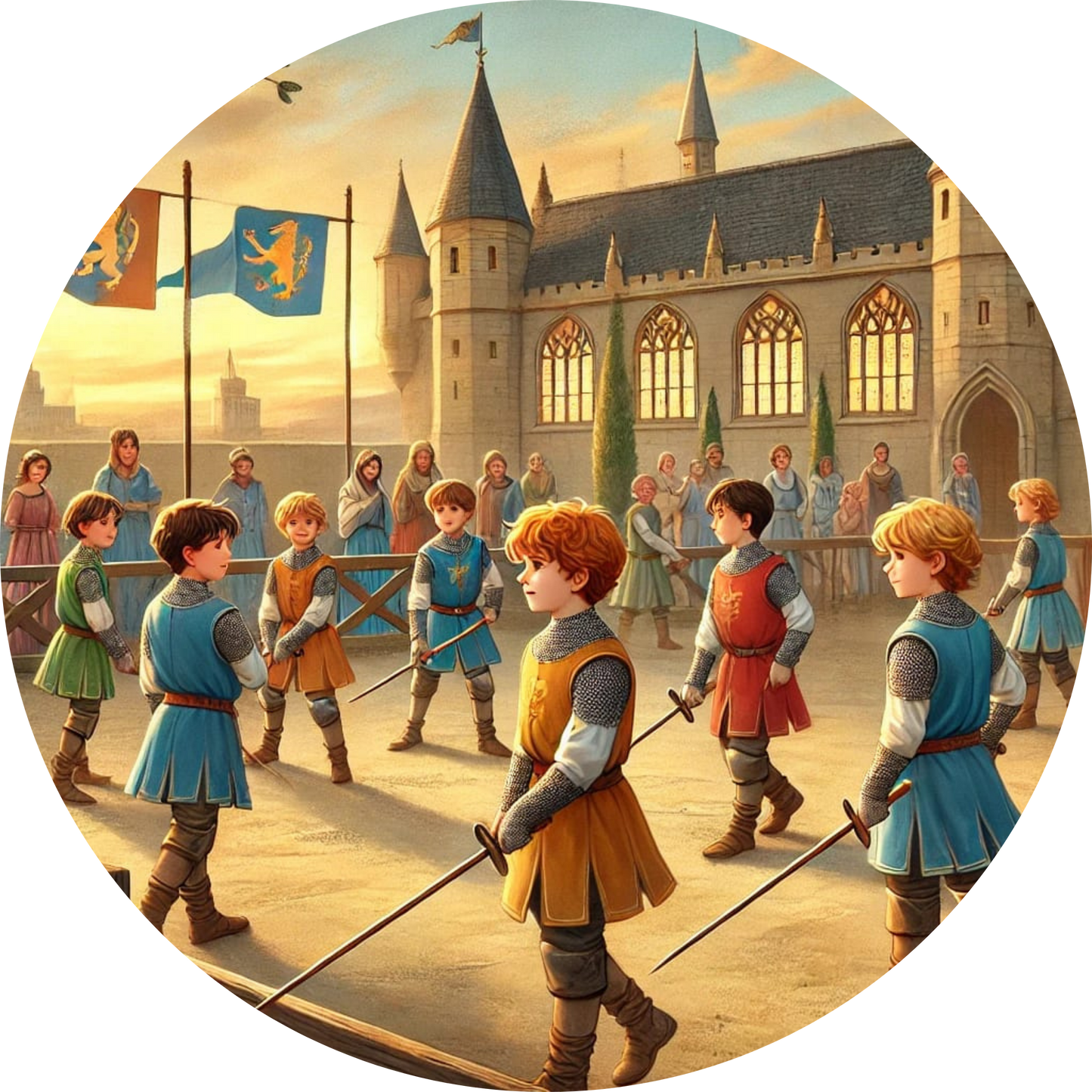 Ritter marschieren durch eine mittelalterliche Stadtstraße mit Burg im Hintergrund