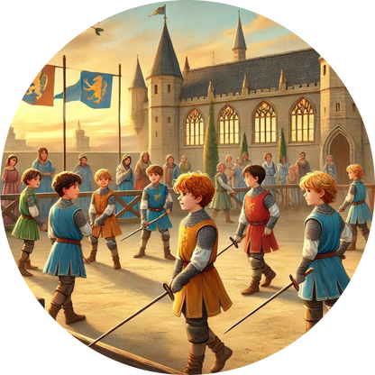 Ritter marschieren durch eine mittelalterliche Stadtstraße mit Burg im Hintergrund