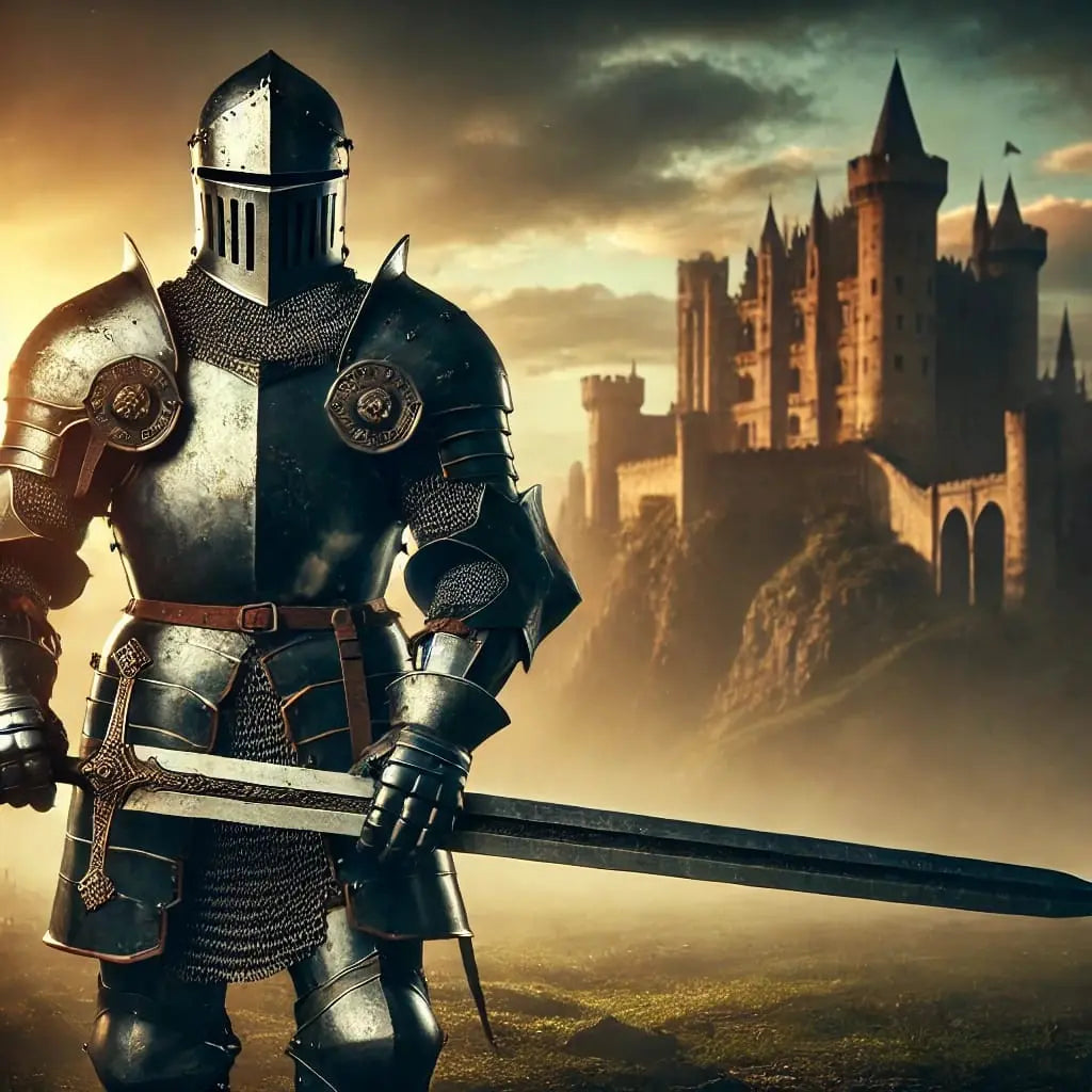 Mittelalterlicher Ritter in glänzender Rüstung mit erhobenem Schwert vor einer imposanten Burgkulisse bei dramatischem Abendlicht.