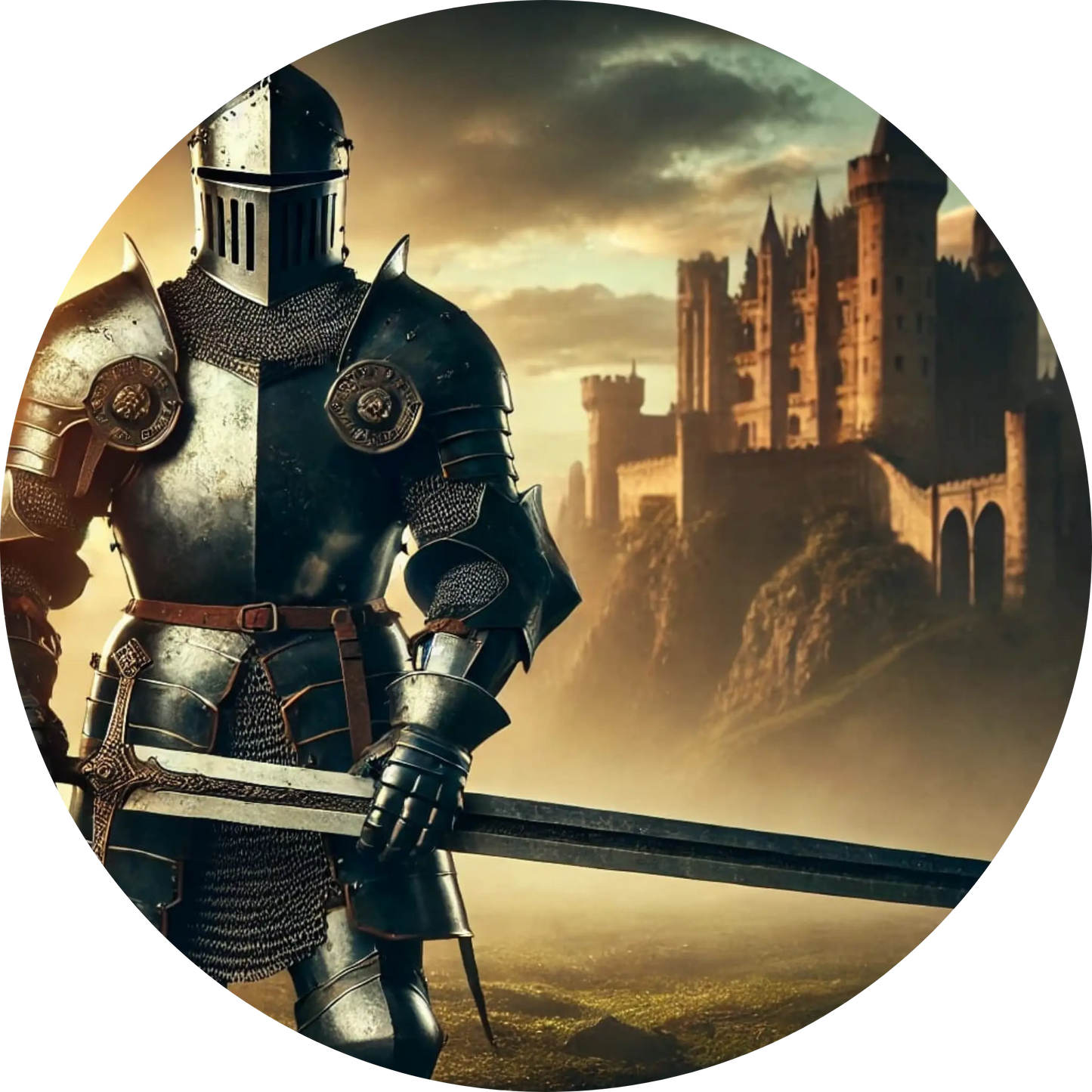 Ritter mit erhobenem Schwert vor brennender Burg – dramatischer, heldenhafter Moment.
