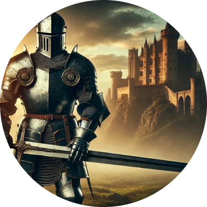 Ritter mit erhobenem Schwert vor brennender Burg – dramatischer, heldenhafter Moment.