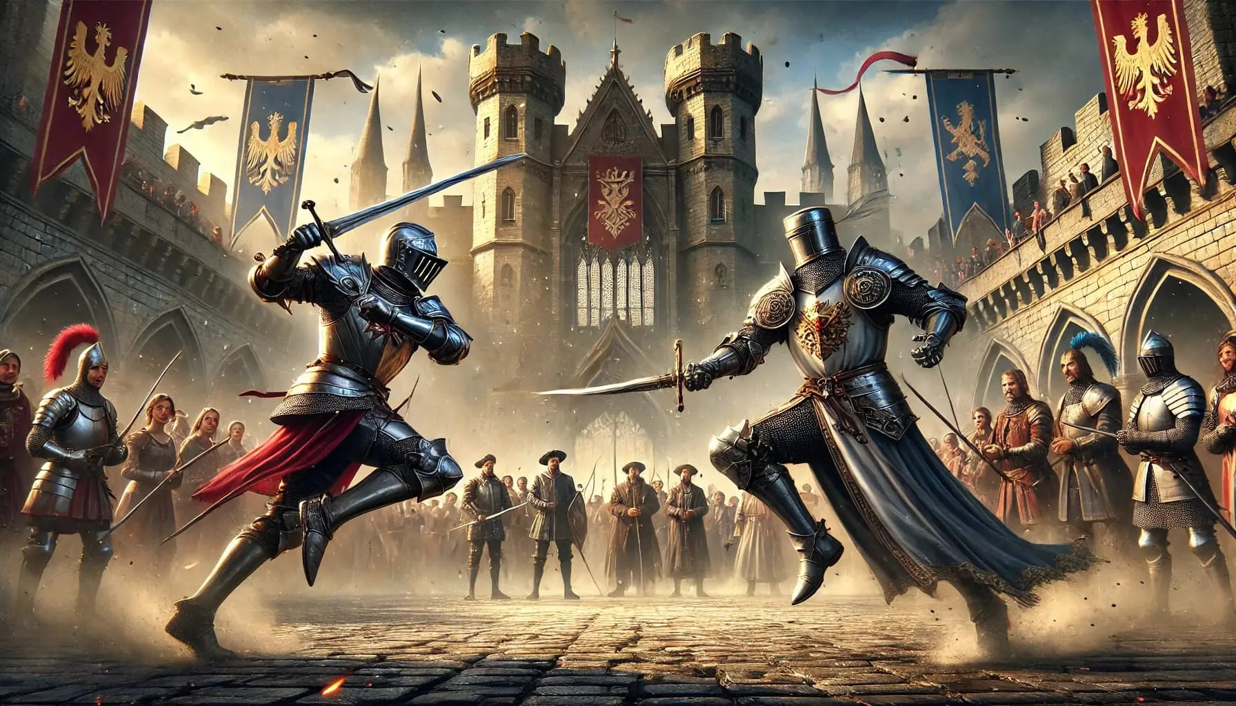  Ritterduell auf einer Burgbühne – zwei gepanzerte Kämpfer im Nahkampf vor jubelndem Publikum.
