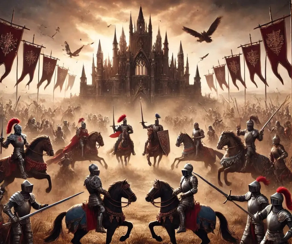 Mittelalterliche Reiterszene mit Rittern in voller Rüstung vor einer imposanten Kathedrale – Banner wehen im Wind, dramatischer Himmel voller Krähen.“