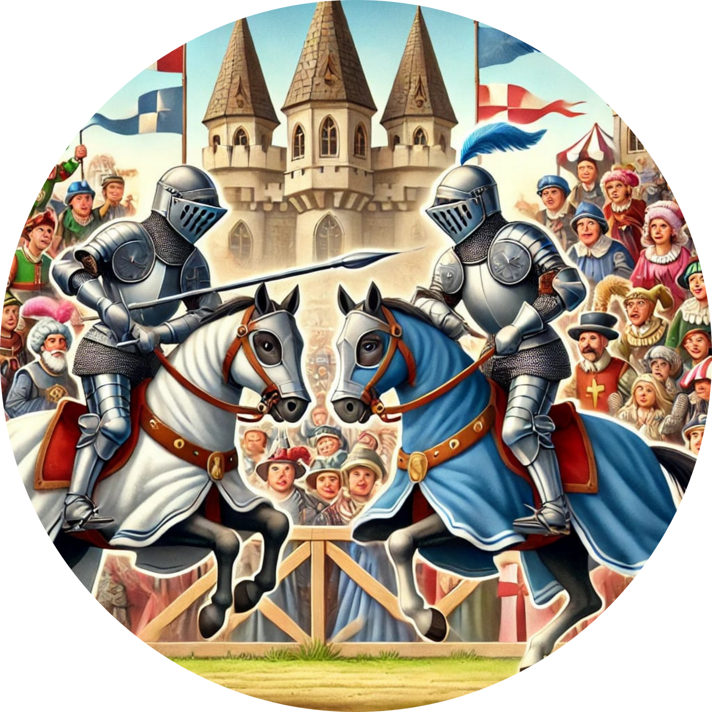 Turnierkampf mit zwei Rittern in voller Rüstung vor Zuschauern
