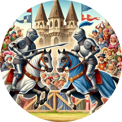 Turnierkampf mit zwei Rittern in voller Rüstung vor Zuschauern
