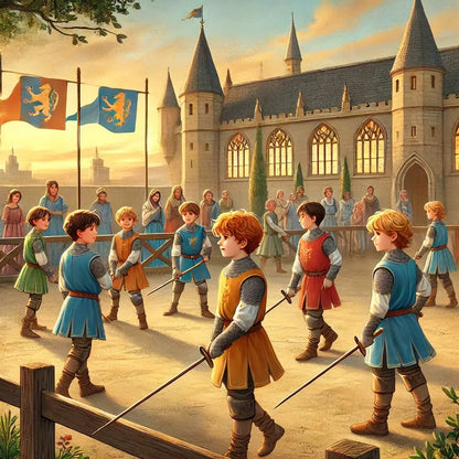 Ritterparade mit Kindern in Uniformen vor großem Schloss