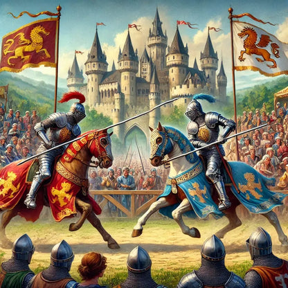 Zwei Ritter im Turnierkampf auf Pferden, mittelalterliche Burg im Hintergrund, viele Zuschauer