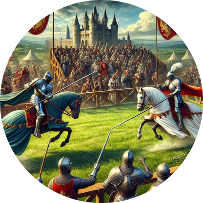 Ritterturnier mit Lanzenkampf – zwei Ritter auf Pferden treffen in Aktion aufeinander.