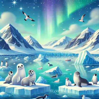 Verspielte Robben auf schmelzendem Eis in arktischer Landschaft mit Polarlichtern.