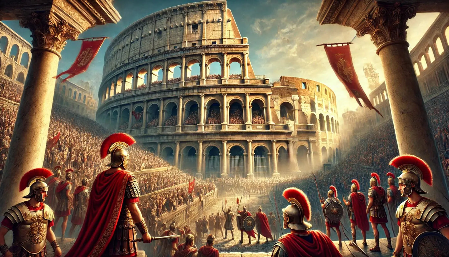 „Römische Gladiatoren vor dem Kolosseum – dramatische Szene mit Soldaten und Zuschauern in antiker Arena-Atmosphäre.“